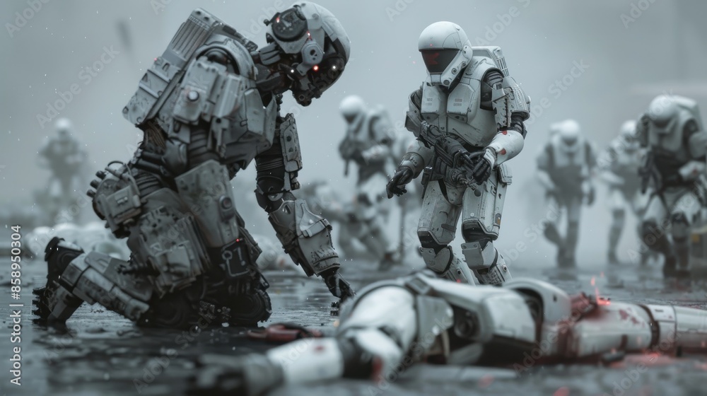 Poster A group of robots are fighting in a war. One robot is kneeling down and helping another robot