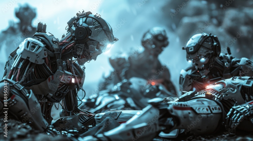 Poster A group of robots are laying on the ground, one of which is looking at another robot. The scene is dark and eerie, with the robots appearing to be in a battle or a disaster. Scene is tense and ominous