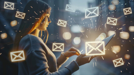 A woman interacts with a tablet as glowing email icons float around her, symbolizing connectivity and digital communication in a modern cityscape.