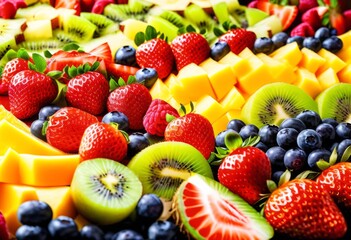 Obraz premium fresh fruit salad bar nutritious yogurt toppings healthy dessert delight, apple, banana, orange, kiwi, strawberry, blueberry, mango, pineapple, grape