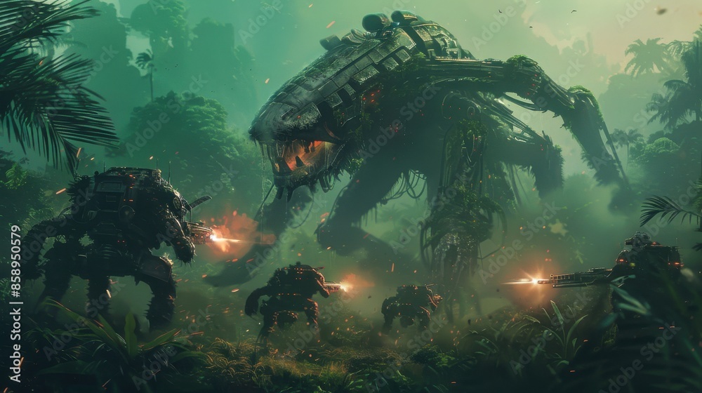 Fototapete a group of robots are fighting in a jungle. scene is intense and action-packed