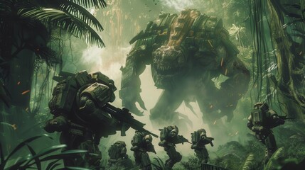 A group of soldiers are fighting a giant monster in a jungle. The soldiers are equipped with guns and backpacks