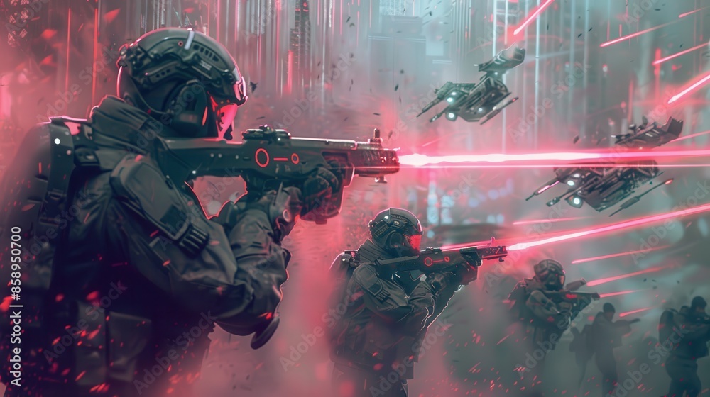 Poster a group of soldiers are fighting in a war with red lasers. the soldiers are wearing black uniforms a
