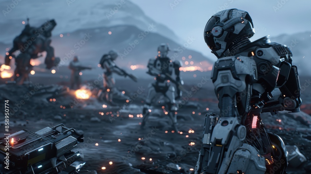 Poster A group of robots are fighting in a war. The robots are in the middle of a battlefield with a lot of fire and explosions