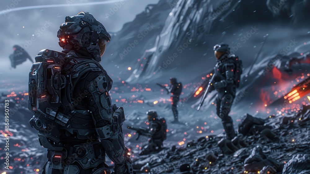 Poster A group of soldiers in space are fighting a battle. The soldiers are wearing space suits and are equipped with guns. The scene is set in a desolate, rocky landscape with a volcano in the background