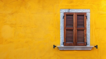 Fototapeta premium Dark brown wooden door and window shutters on a vibrant yellow wall perfect for architecture and design backgrounds