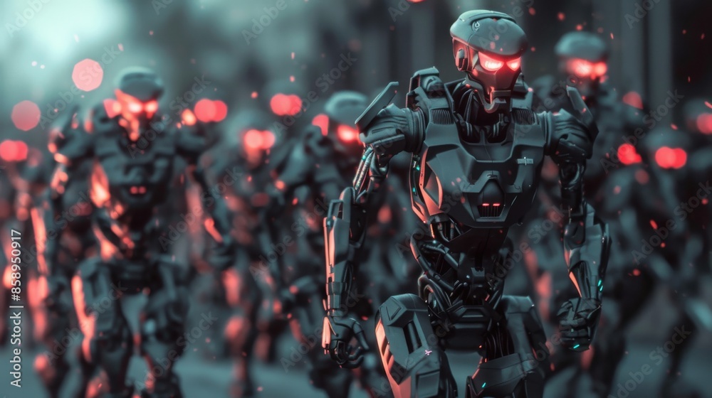 Poster a group of robots are walking down a street, with their heads turned to the right. the robots are al