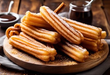 delicious golden brown churros dipped decadent chocolate sauce, crispy, cinnamon, dough, fried, sugary, snack, pastry, cocoa, sweet, treat, dessert, spanish