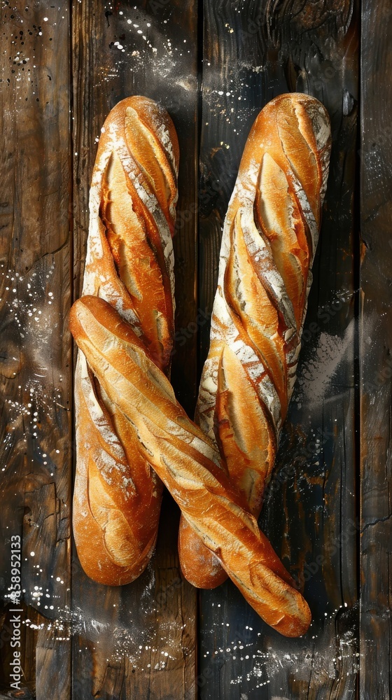Poster two loaves of bread are sitting on a wooden table. the loaves are sliced and appear to be freshly ba