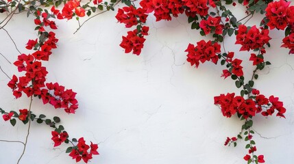 Beautiful Red Flowers Blooming in Garden with White Wall Background in Thailand