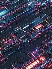 A futuristic and abstract cyberpunk cityscape composed of stacked geometric shapes, with neon pink and blue lights. Render in a photorealistic style with a focus on intricate details.