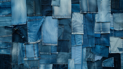 A patchwork of various denim fabrics forming a textured collage, reflecting a blend of creativity and sustainability.