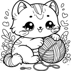 The picture of a cute cat playing with a ball of yarn is suitable for a kindergarten coloring book pattern
