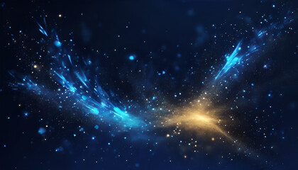 Abstract digital artwork of dynamic blue particles with glowing elements and dark background. Shiny glowing glitter with blue wallpaper. Digital design of bright night sky with bright star. 
