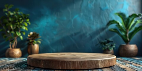 Wooden Platform with Plants on Blue Background