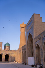 Obraz premium A large building with a tall tower and a blue dome. The building is surrounded by a courtyard with a white wall. The sky is clear and blue, and there are several birds flying in the sky