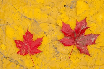 Top view of two red maple leaves on the ground covered with yellow leaves. Abstract background. Autumn concept.