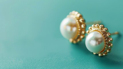 Pearls in Gold Setting on Teal Background suitable for business background, posters, wallpapers, banners, greeting cards, and advertising for business entities or brands.