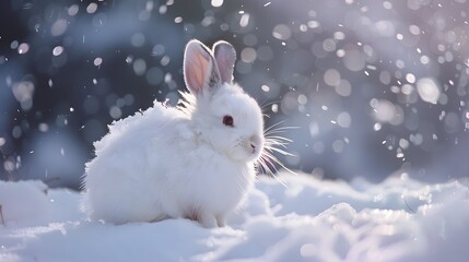 white funny fluffy rabbit in the snow. 