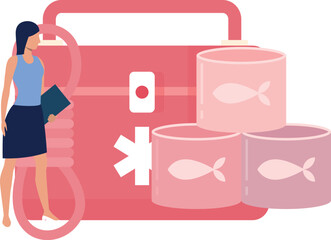 The girl is looking at the first aid box.