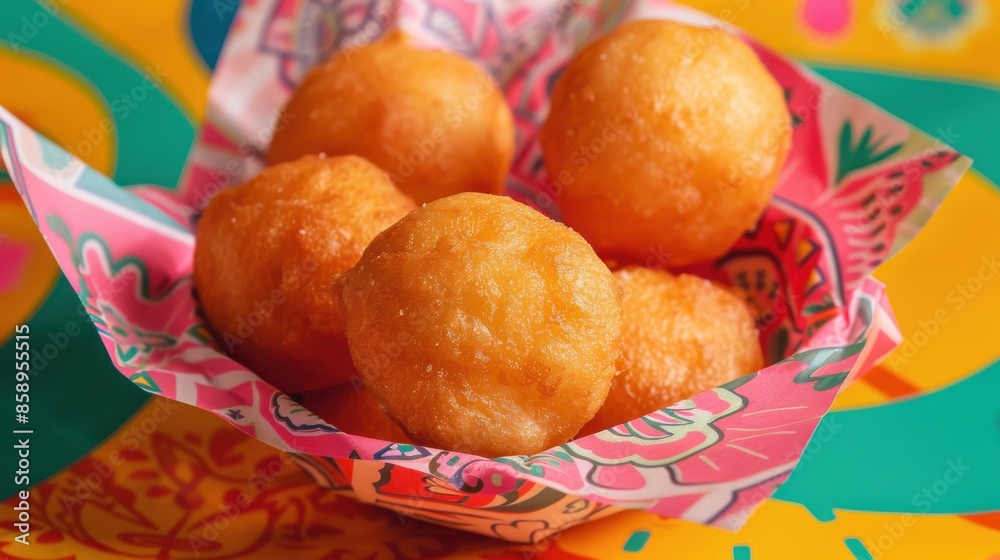 Poster a basket of fried doughnuts sits on a table. the doughnuts are golden brown and appear to be freshly