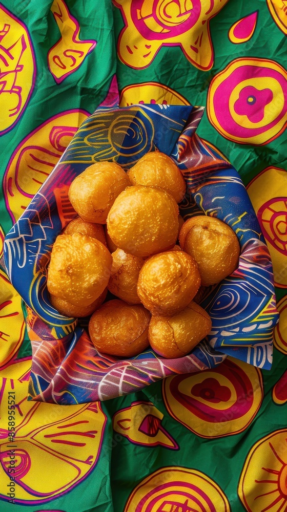 Leinwandbilder a basket of fried doughnuts sits on a colorful background. the doughnuts are golden brown and arrang
