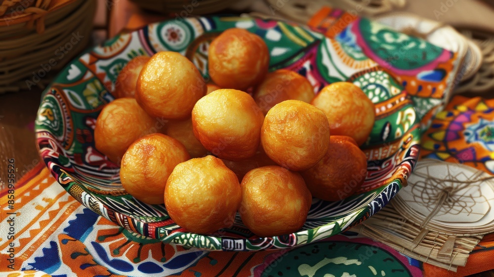Poster a bowl of fried dough balls with a colorful tablecloth underneath. the tablecloth has a pattern of d