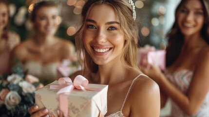 Elegant bridal shower with beautifully wrapped gifts decorations and friends celebrating the bride-to-be A joyful and feminine atmosphere perfect for showcasing pre-wedding celebrations