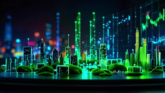 The video is of a futuristic city with skyscrapers and a glowing green background.