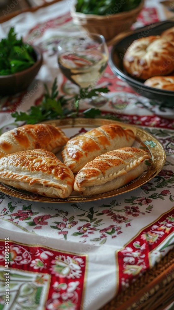Poster a plate of pastries sits on a table with a red and white tablecloth. the table is set for a meal, wi