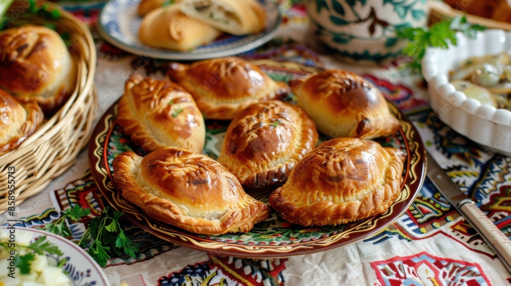 Aufkleber A plate of pastries sits on a table with other food items. The pastries are small and brown, and they are arranged in a neat row. The tablecloth is colorful and patterned