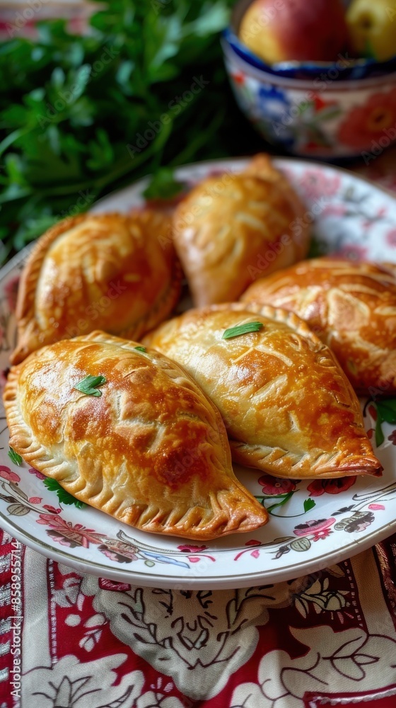 Poster a plate of pastries with parsley on top. the plate is on a table with a bowl of fruit in the backgro
