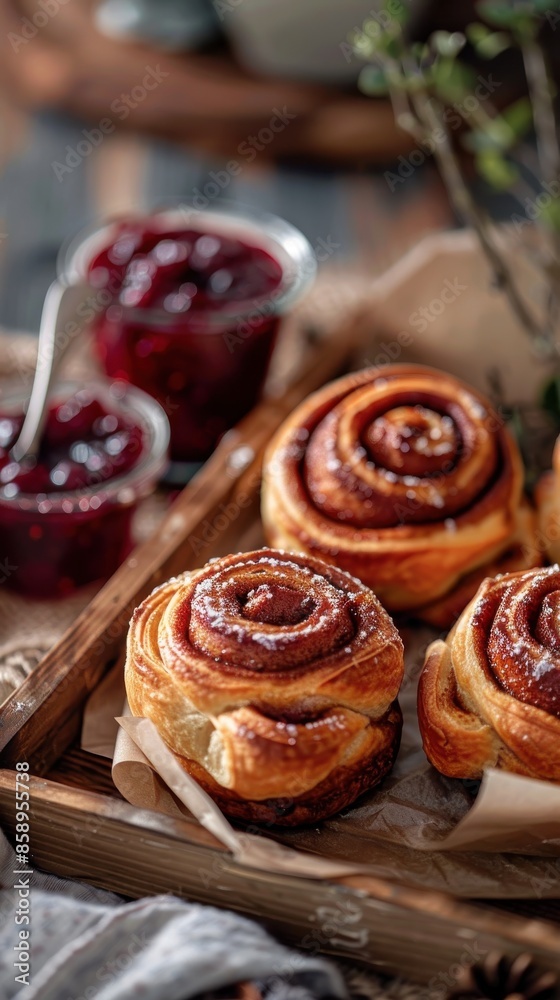 Poster three cinnamon rolls are sitting on a wooden tray with a jar of jam and a spoon. the rolls are cover