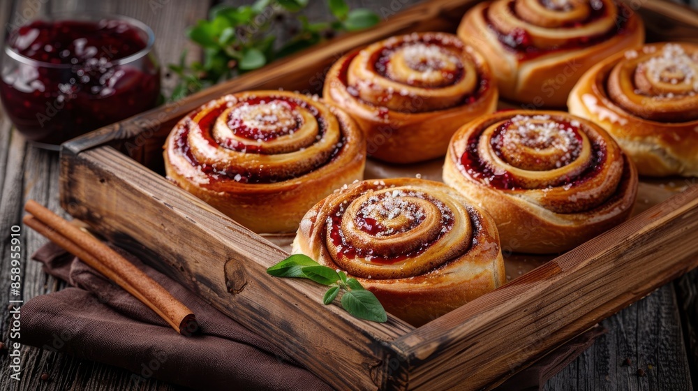 Poster a wooden tray with six cinnamon rolls and a jar of jam. the rolls are covered in sugar and have a sp