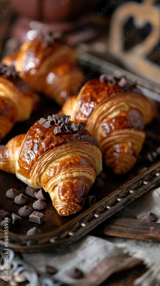 Poster a tray of chocolate covered croissants sits on a wooden table. the croissants are arranged in a neat