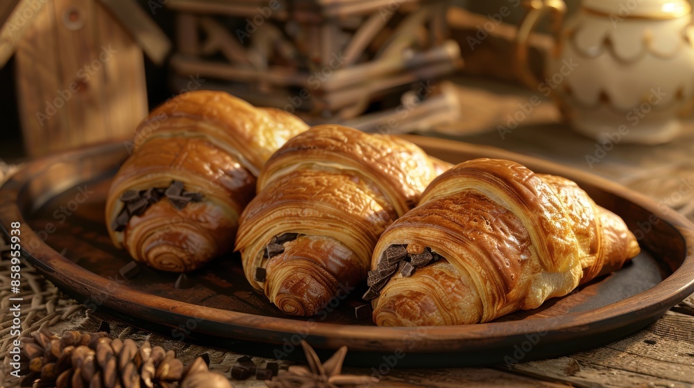 Poster three croissants with chocolate filling on a wooden tray. the tray is placed on a wooden table with 