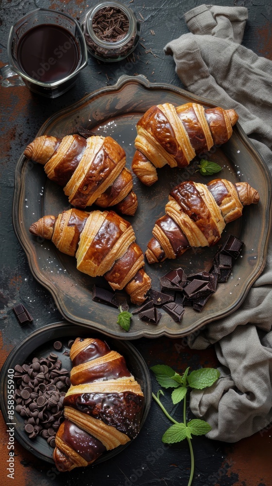 Poster a plate of croissants with chocolate chips and mint leaves. the croissants are arranged in a row and