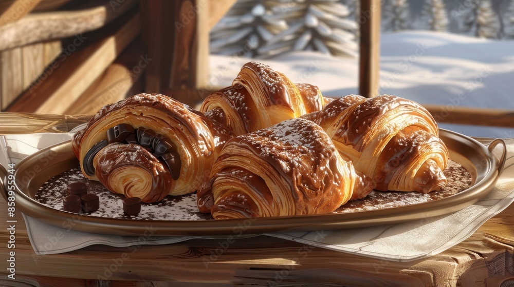 Leinwandbilder a tray of croissants with chocolate and powdered sugar on top. the croissants are arranged in a way 