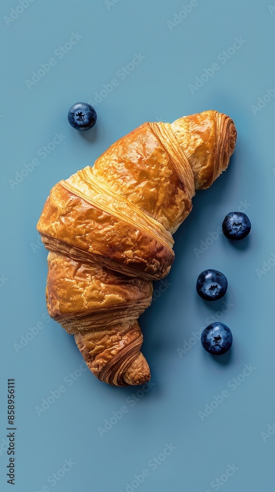 Poster a croissant with blueberries on top of a blue background. the croissant is the main focus of the ima