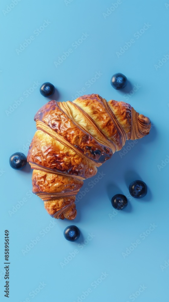 Poster a croissant with blueberries on top of a blue background. the croissant is the main focus of the ima