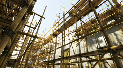 A perspective shot of bamboo scaffolding reaching towards the sky, showcasing traditional building techniques against the bright daylight.