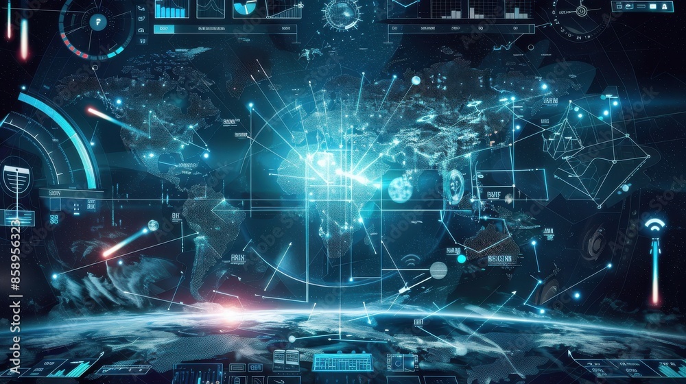Poster A computer monitor displays a map of the world with a blue background. The map is filled with various icons and numbers, indicating different data points. Scene is one of technological advancement