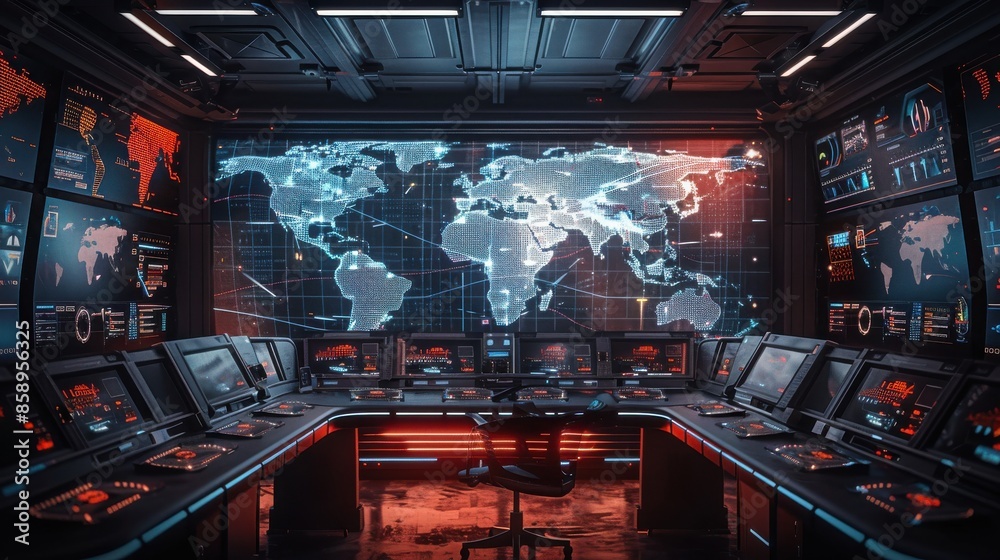 Poster a computer room with a large monitor showing a map of the world. the room is filled with computer mo