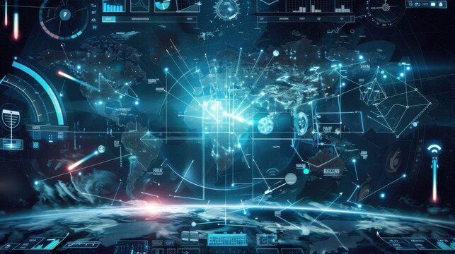 A computer monitor displays a map of the world with a blue background. The map is filled with various icons and numbers, indicating different data points. Scene is one of technological advancement