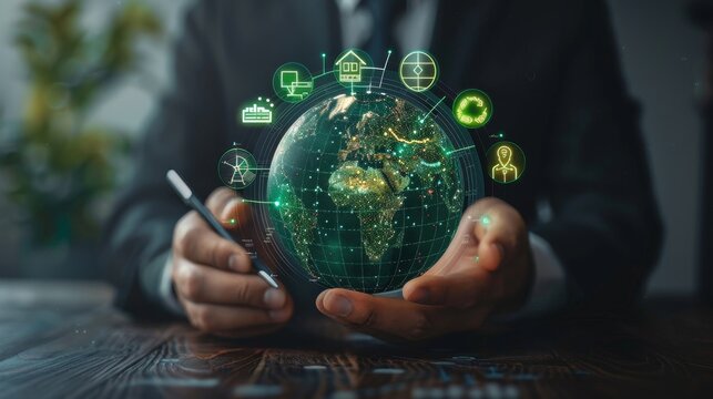 Businessman thinking of Energy saving Ecology and Environment concept,Icon representing the sustainable development on renewable energy ecological on green energy concept.