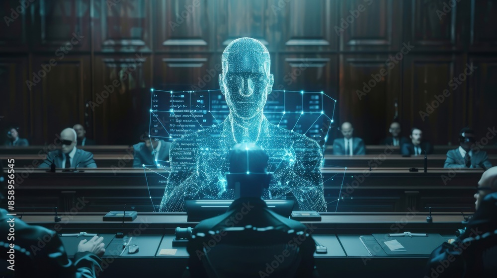 Fototapete a man is sitting in front of a computer screen with a face on it. the man is wearing a suit and tie.