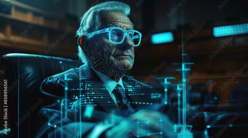 Aufkleber A man in a suit is sitting in a chair with a computer screen in front of him. The screen is displaying a futuristic image of a man with a beard and glasses