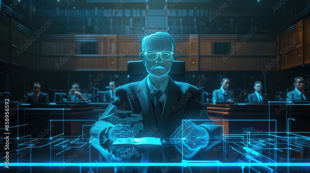 Poster A man in a suit is sitting at a desk in front of a computer screen. He is wearing glasses and he is working on a project. The room is filled with other people, some of whom are also wearing suits