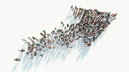 Large group of people forming an arrow shape, casting long shadows on a white surface.