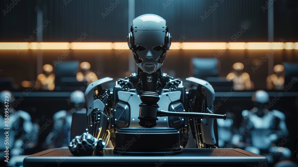 Poster a robot is sitting at a desk with a gavel in front of it. the robot is wearing a suit and he is a ju